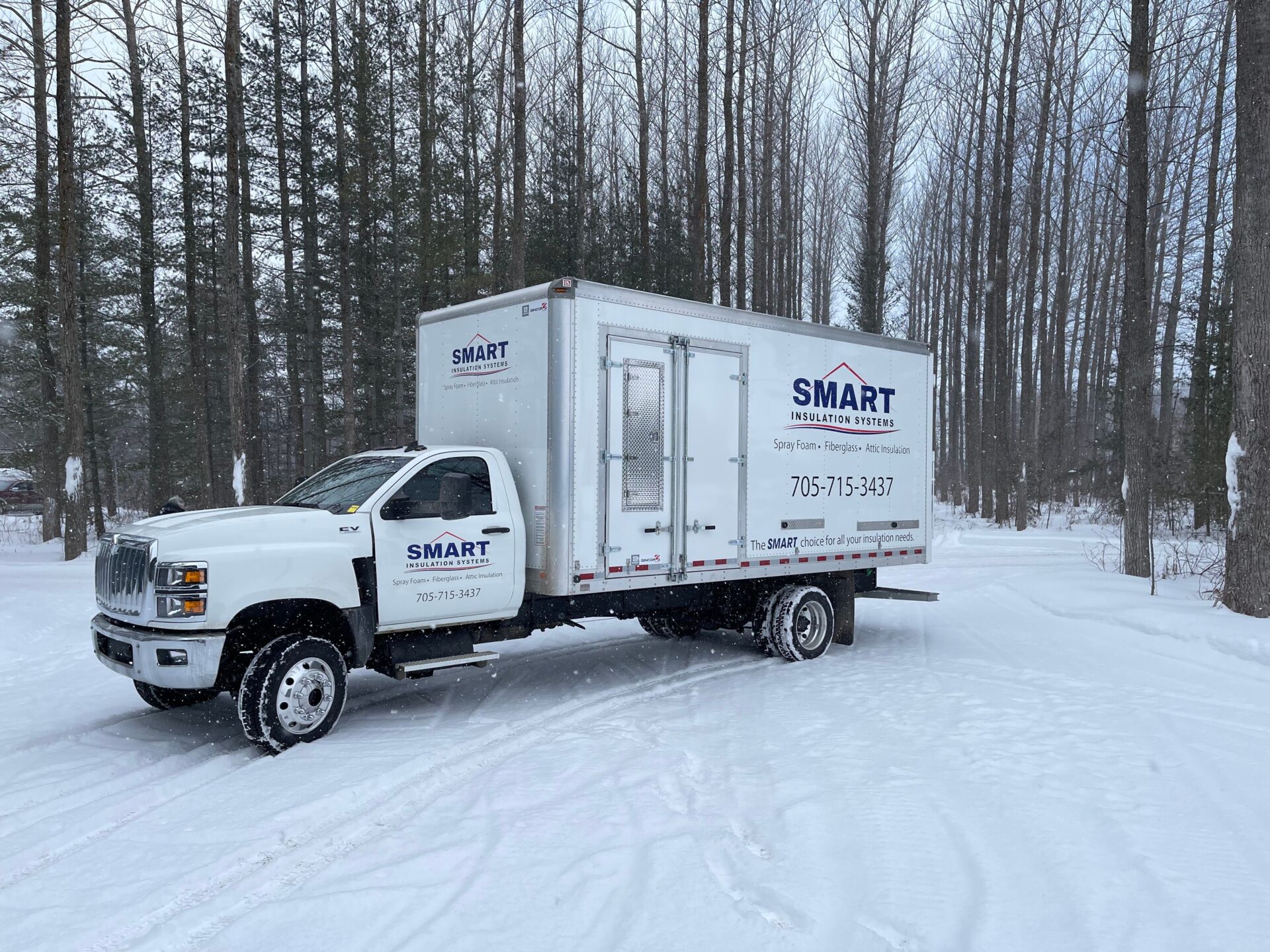 A white truck parked in the snow near trees.